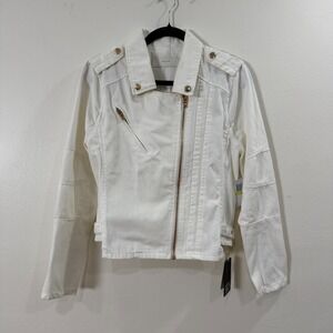 BlankNYC Jacket Womens Medium White Denim Moto Zip Sleeves NWT